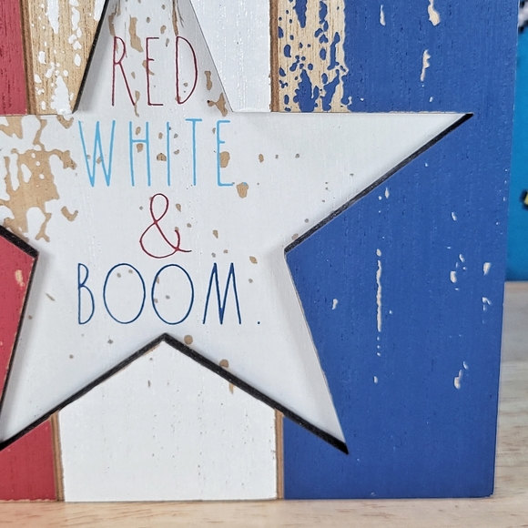 Rae Dunn 4th of July Red White & Boom Wooden 6x6 Patriotic Seasonal Decor New - Picture 7 of 8